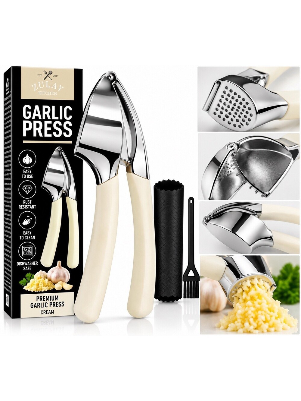 🧄 Zulay Kitchen Premium Garlic Press – Chrome & White – Heavy Duty